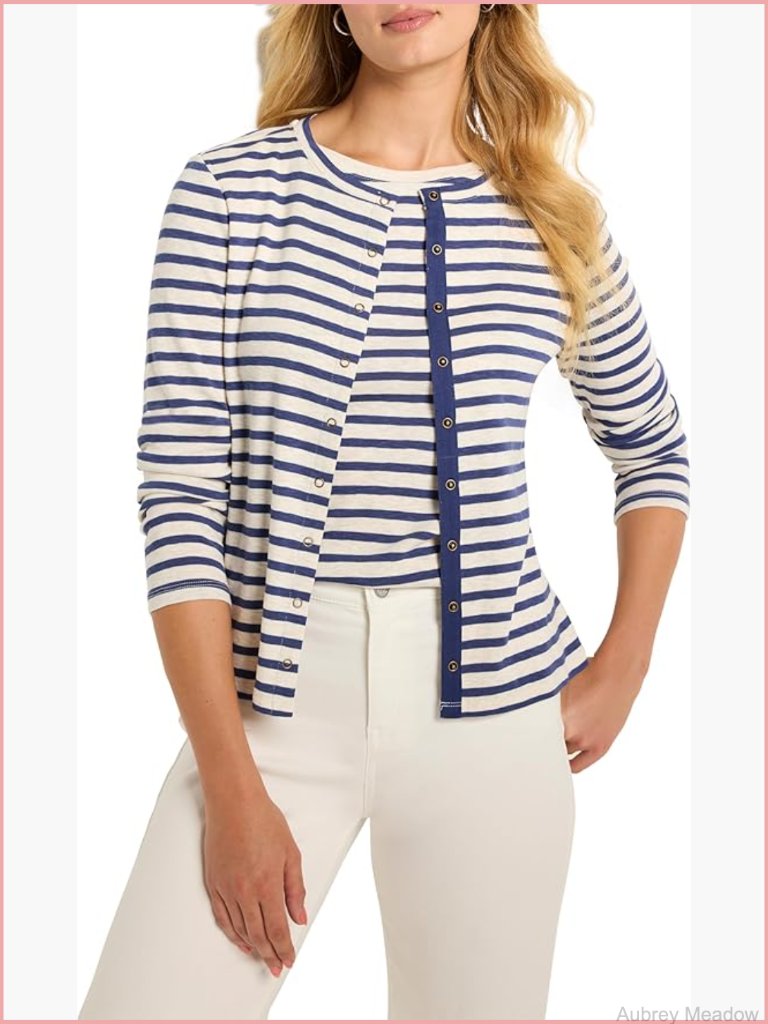 Snap Front Cardigan With Striped Detail Lightweight
